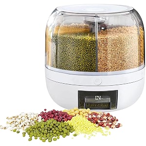 krevia plastic 6-grid round food dispenser  360 rotating food bucket transparent rice storage container  rotatable dry food fruit cereal storage box container with lid for home and kitchen white