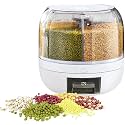 Krevia Plastic 6-Grid Round Food Dispenser | 360° Rotating Food Bucket Transparent Rice Storage Container | Rotatable Dry Food Fruit Cereal Storage Box Container with Lid for Home and Kitchen (White)