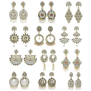 kreyam39s combo pack of 12 pairs antique gold plated oxidized earrings for women amp girls - assorted tribal boho floral amp peacock design dangle jewelry set