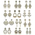 Kreyam's Combo Pack of 12 Pairs Antique Gold Plated Oxidized Earrings for Women &amp; Girls - Assorted Tribal Boho Floral &amp; Peacock Design Dangle Jewelry Set