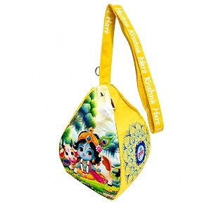 krishna with cow printed gomukhi japa mala bag with zip pocket cotton chanting bag for mantra jaap tulsirudraksha mala storagecolorful light yellow