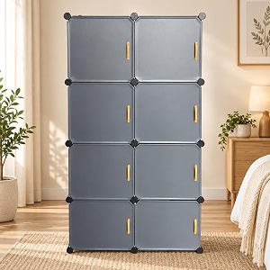krishyam 8 door modular wardrobe cabinet plastic storage organizer with 8 compartments side hooks water-resistant diy cupboard for clothes shoes toys amp books 71 x 35 x 144 cm grey