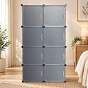 KRISHYAM® 8 Door Modular Wardrobe Cabinet, Plastic Storage Organizer with 8 Compartments, Side Hooks, Water-Resistant DIY Cupboard for Clothes, Shoes, Toys &amp; Books, 71 x 35 x 144 cm, Grey