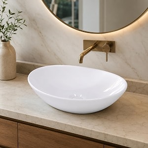 krisskross ceramic table top wash basin for bathroom  oval countertop vessel sink  glossy white wash basin  scratch resistant glazed finish  modern vanity basin
