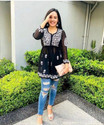 KRULRIN Casual Embroidered Women Black Top