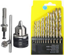 Kshivi Premium 13 Pcs Of HSS Drill Bit Set for Drilling Wood Metal Plastic And 13mm Drill Chuck With SDS Adaptor Key Set Female 1/2 20 Unf Pack Of 2