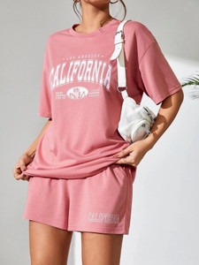 kshs women printed pink top  shorts set