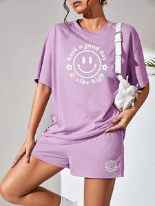 kshs women printed purple top  shorts set