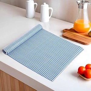 kuber industries 10 meters waterproof amp durable kitchen mats for shelf liner roll  wipeable fridge sheets for shelves cabinet drawer  barik check - white amp blue