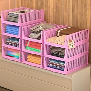 kuber industries 12 pcs foldable kids wardrobe organizer for clothes storage  stackable slide out baby dress organiser for wardrobe - home organizers for girls cupboard closet  blue
