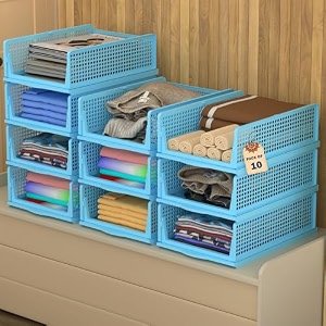 kuber industries 12 pcs foldable kids wardrobe organizer for clothes storage  stackable slide out baby dress organiser for wardrobe - home organizers for girls cupboard closet  blue