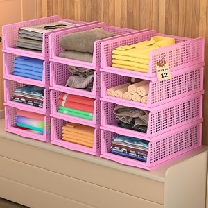 kuber industries 12 pcs foldable kids wardrobe organizer for clothes storage  stackable slide out baby dress organiser for wardrobe - home organizers for girls cupboard closet  blue