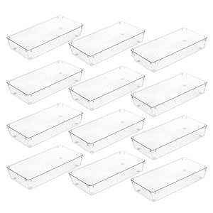 kuber industries 12 piece set storage organizer 3x6 inch kitchen amp makeup organizer tray set  drawer divider tray  multi-purpose desk organizer  stationery organizer  transparent