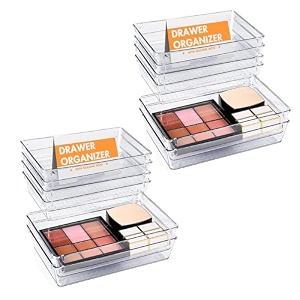 kuber industries 12 piece set storage organizer 3x6 inch kitchen amp makeup organizer tray set  drawer divider tray  multi-purpose desk organizer  stationery organizer  transparent