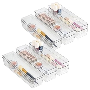kuber industries 12 piece set storage organizer 3x6 inch kitchen amp makeup organizer tray set  drawer divider tray  multi-purpose desk organizer  stationery organizer  transparent