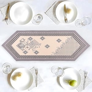 kuber industries 1334x3634 anti slip table runner for centre table  stylish dining table runner for living room - dining table accessories for home amp hotel  1037 pyramid- cream amp grey