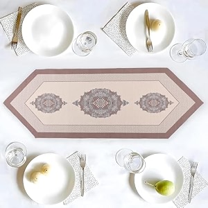kuber industries 1334x3634 anti slip cotton table runner for centre table  stylish dining table runner for living room - dining table accessories for home amp hotel  1032 pyramid- cream amp brown