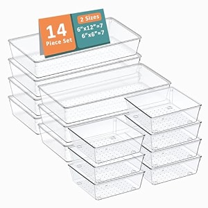 kuber industries 99 pcs set multi-purpose transparent drawer organizers  plastic trays for storage kitchen amp aesthetic dressing table organisers for cosmetics makeup amp stationery  transparent