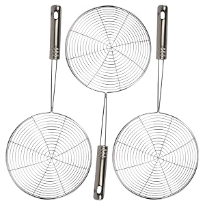kuber industries 16cm multiuses stainless steel skimmerstrainerjharni for cooking and frying- pack of 3 silver