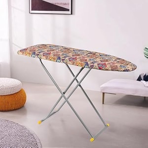 kuber industries 18 inch foldable amp height adjustable press board iron stand with heat resistant holdertray for home  anti skid press table for clothes  mix vintage- cream