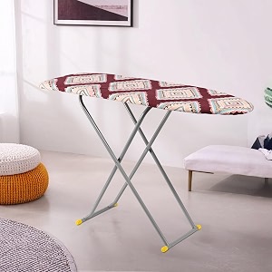 kuber industries 18 inch foldable amp height adjustable press board iron stand with heat resistant holdertray for home  anti skid press table for clothes  diamond print- red amp cream