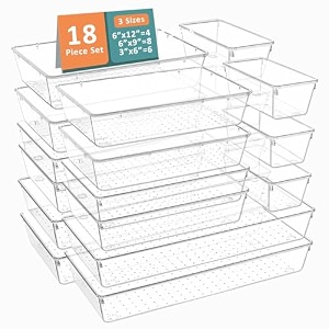 kuber industries 99 pcs set multi-purpose transparent drawer organizers  plastic trays for storage kitchen amp aesthetic dressing table organisers for cosmetics makeup amp stationery  transparent