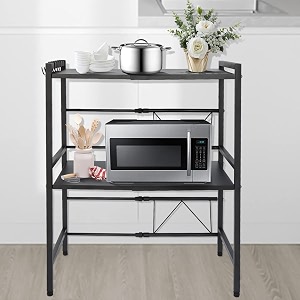 kuber industries 2-layer microwave oven racktelescopic storage rackmicrowave shelf stand with hanging hookskitchen counter shelf organizer black