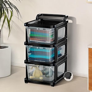 kuber industries 3 layer heavy duty plastic storage drawer with wheels  modular cabinet for bedroom office home  chest of drawers organiser for cosmetics kitchen items toys  transparent black