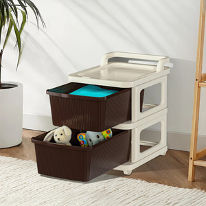 kuber industries 2 layer plastic modular storage drawer organizer with wheels  ivory  brown plastic free standing chest of drawers