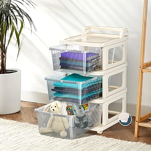 kuber industries 3 layer plastic modular storage drawer organizer with wheels  chest of drawer storage box for living room office school and home  toys organiser for kids room  transparent ivory