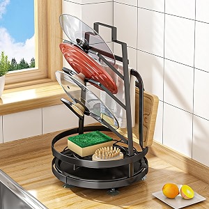 kuber industries 3 layer pot lid holder with removable drain tray lid stand rackheavy duty standing pot lid holdercooking pot lid organizerspoon rest holder black