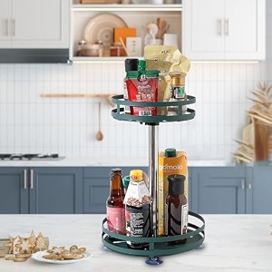 kuber industries 2-layer rotating spice rackcircular shelf for cabinet countertop360-degree rotable kitchen trolleyfruit basket dark green