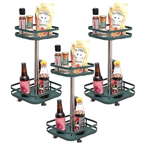 kuber industries 2-layer rotating spice racksquare shelf for cabinet countertop360-degree rotable kitchen trolleyfruit basket pack of 3 dark green