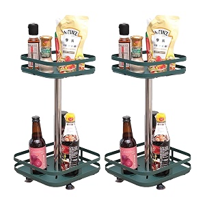 kuber industries 2-layer rotating spice racksquare shelf for cabinet countertop360-degree rotable kitchen trolleyfruit basket pack of 2 dark green