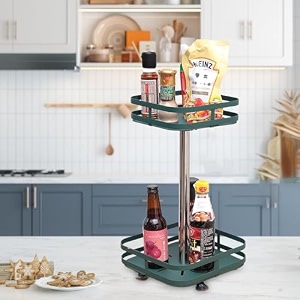 kuber industries 2-layer rotating spice racksquare shelf for cabinet countertop360-degree rotable kitchen trolleyfruit basket pack of 2 dark green