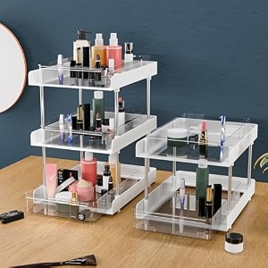 kuber industries 3 layer polypropylene clear sliding makeup drawer storage organizer boxstand  cosmetic storage box for women  dressing table organiser for jewellry skincare amp perfume  white
