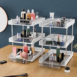kuber industries 3 layer polypropylene clear sliding makeup drawer storage organizer boxstand  cosmetic storage box for women  dressing table organiser for jewellry skincare amp perfume  white