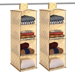 kuber industries non woven hanging 4 shelves foldable wardrobe organizer- brown-hs40kubmart23985