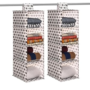 kuber industries 2 pcs foldable 4 shelf hanging closet organizer  multipurpose wardrobecupboardclothalmirah hanging organizer  perfect for daily clothesgarment  polka dot - white