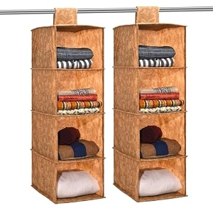 kuber industries 2 pcs foldable 4 shelf hanging closet organizer  perfect for daily clothesgarment  multipurpose wardrobecupboardalmirah hanging cloth organizer  new flower - brown