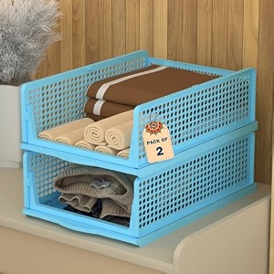 kuber industries 12 pcs foldable kids wardrobe organizer for clothes storage  stackable slide out baby dress organiser for wardrobe - home organizers for girls cupboard closet  blue