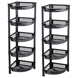 kuber industries 2 pcs plastic 5-tier collapsible multi-purpose storage rack  onion potato rack for kitchen home bathroom amp vanity  fruits amp vegetables basket shelf stand  black