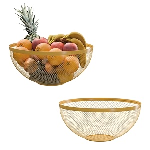 kuber industries 2 pcs metal fruits amp vegetables basket bowl  veggie baskets for dining table accessories  storage bowls for decorative pantry home amp kitchen multi-purpose use - golden