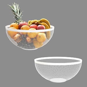 kuber industries 2 pcs metal fruits amp vegetables basket bowl  veggie baskets for dining table accessories  storage bowls for decorative pantry home amp kitchen multi-purpose use - white