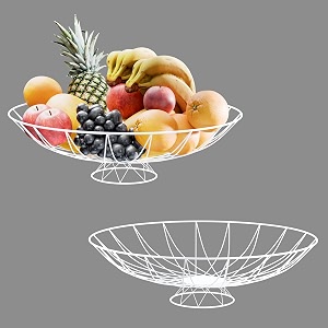 kuber industries 2 pcs metal fruits amp vegetables basket bowl with holding stand  veggie baskets for dining table accessories  storage bowls for decorative pantry  wrought - white