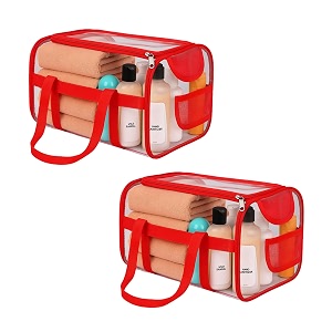 kuber industries 2 pcs pvc waterproof transparent small travel toiletry bag for manwoman with handle  cosmeticmakeup organizer pouch for skincare amp shaving kit  red