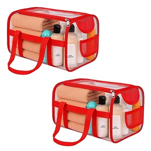 kuber industries 2 pcs pvc waterproof transparent large travel toiletry bag for manwoman with handle  cosmeticmakeup organizer pouch for skincare amp shaving kit  red