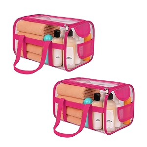 kuber industries 2 pcs pvc waterproof transparent small travel toiletry bag for manwoman with handle  cosmeticmakeup organizer pouch for skincare amp shaving kit  pink
