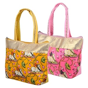 kuber industries 2 pcs silk small size ladies hand purse for women with 2 zipper compartment  wallet purse for girls  wedding amp gifts hand purseclutchhandbag  lotus print  cream