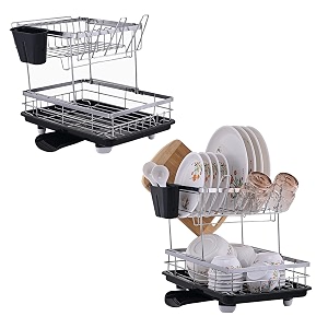 kuber industries 2 pcs stainless steel 2-tier kitchen dish drainer rack with removable drain board  dishwash organizer  drying rack with drainer tray  vesselbartan stand for sink  black